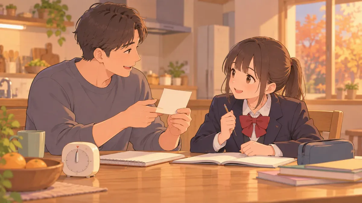 家庭で短い確認をする親子