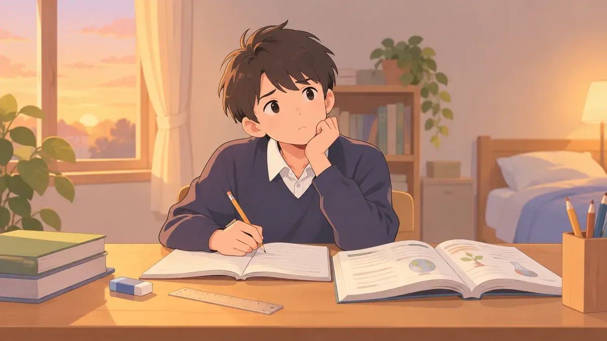 中学生が理科のノートと問題集を前に、鉛筆を持って考え込んでいる学習机の様子