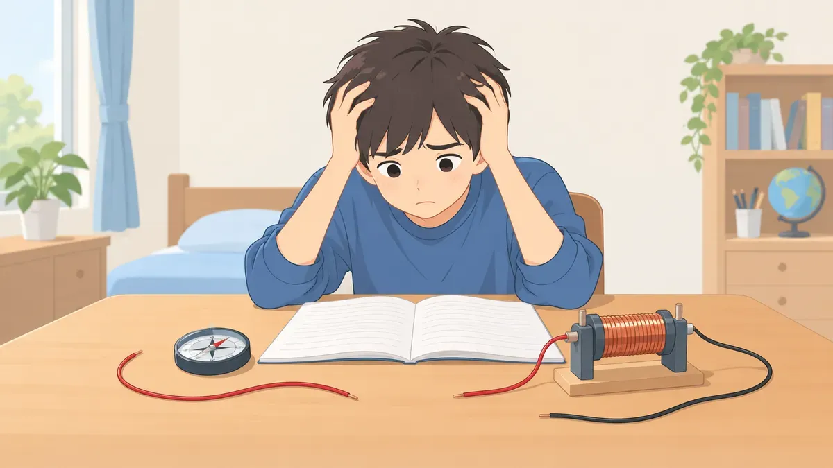中学生が電流と磁界の勉強でつまずいている場面