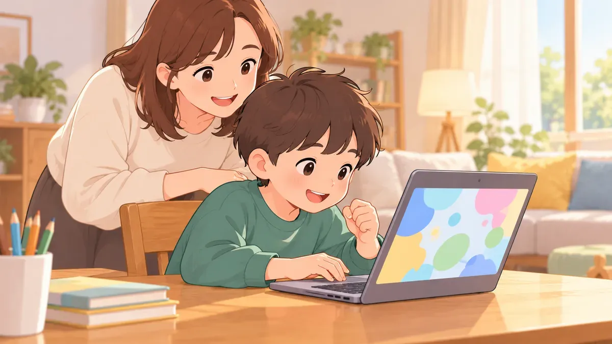 子どもが楽しそうにパソコンで学ぶ様子を見守る親