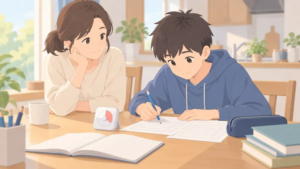 家庭で親子が短い確認テストをする場面
