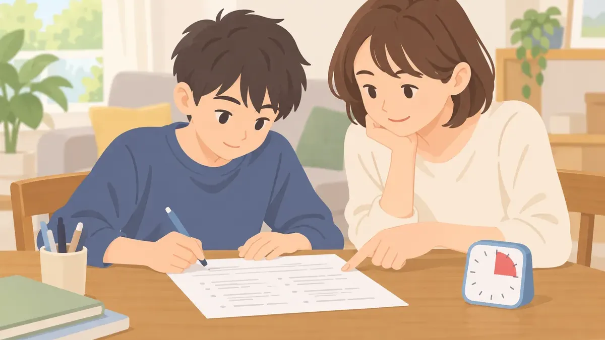 家で親子が英語の確認テストをする場面