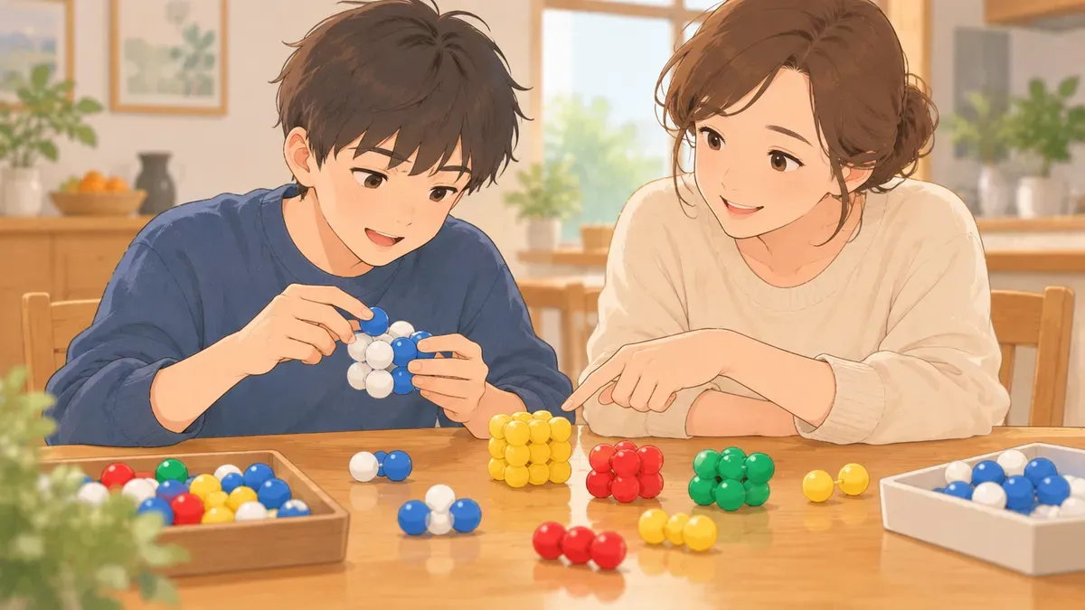 家庭で中学生が実験器具風の道具を使って学ぶ場面