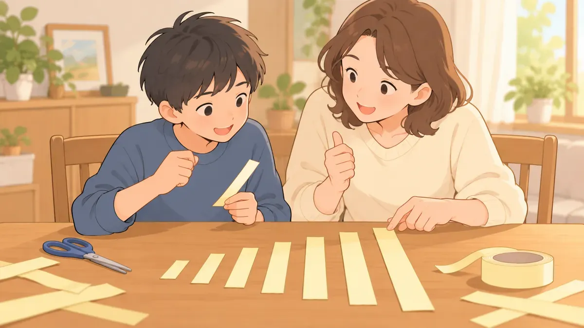 親子で紙テープを並べて考える場面
