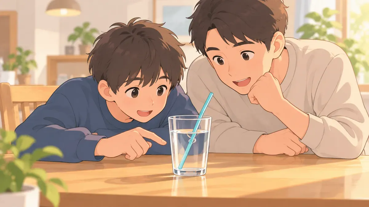 水の入ったコップとストローで親子が観察する場面