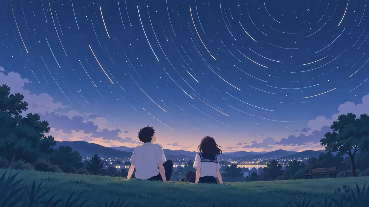 夜空の星の動きを見上げる中学生