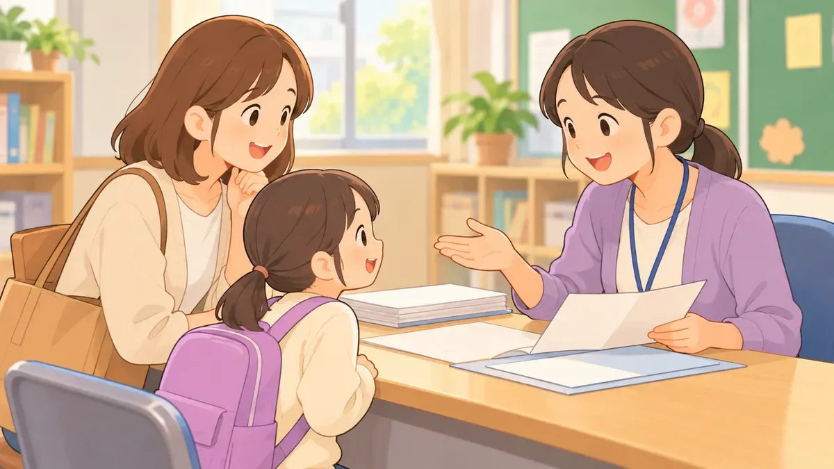 体験教室で先生に質問する親子